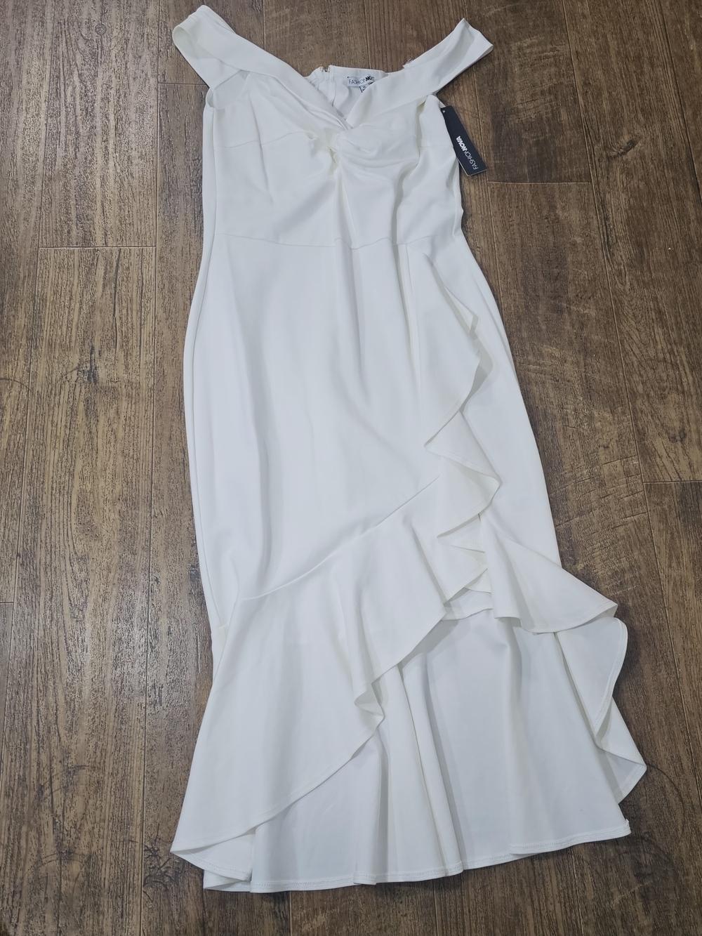 Fashion Nova Sea Of Flames Midi Dress XL Ivory Off Shoulder Ruffle High Low Read